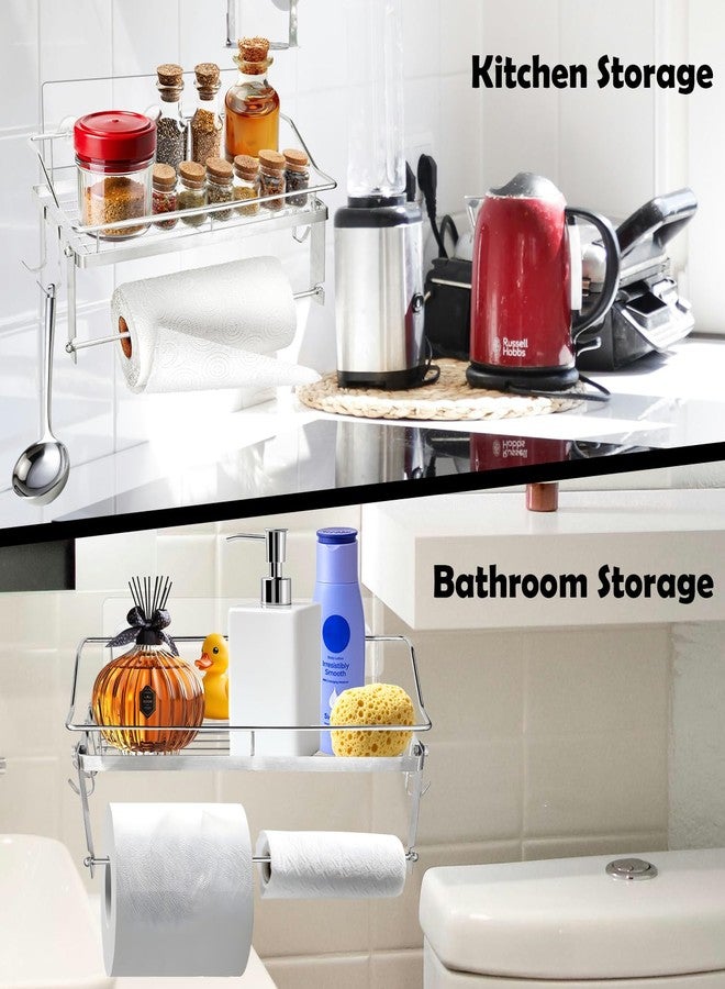 Socpuro Paper Towel Holder with Shelf, 2-in-1 Paper Towel Roll Rack with 4 Hooks, Adhesive Wall Mount Basket Organizer for Bathroom Kitchen - Image 4